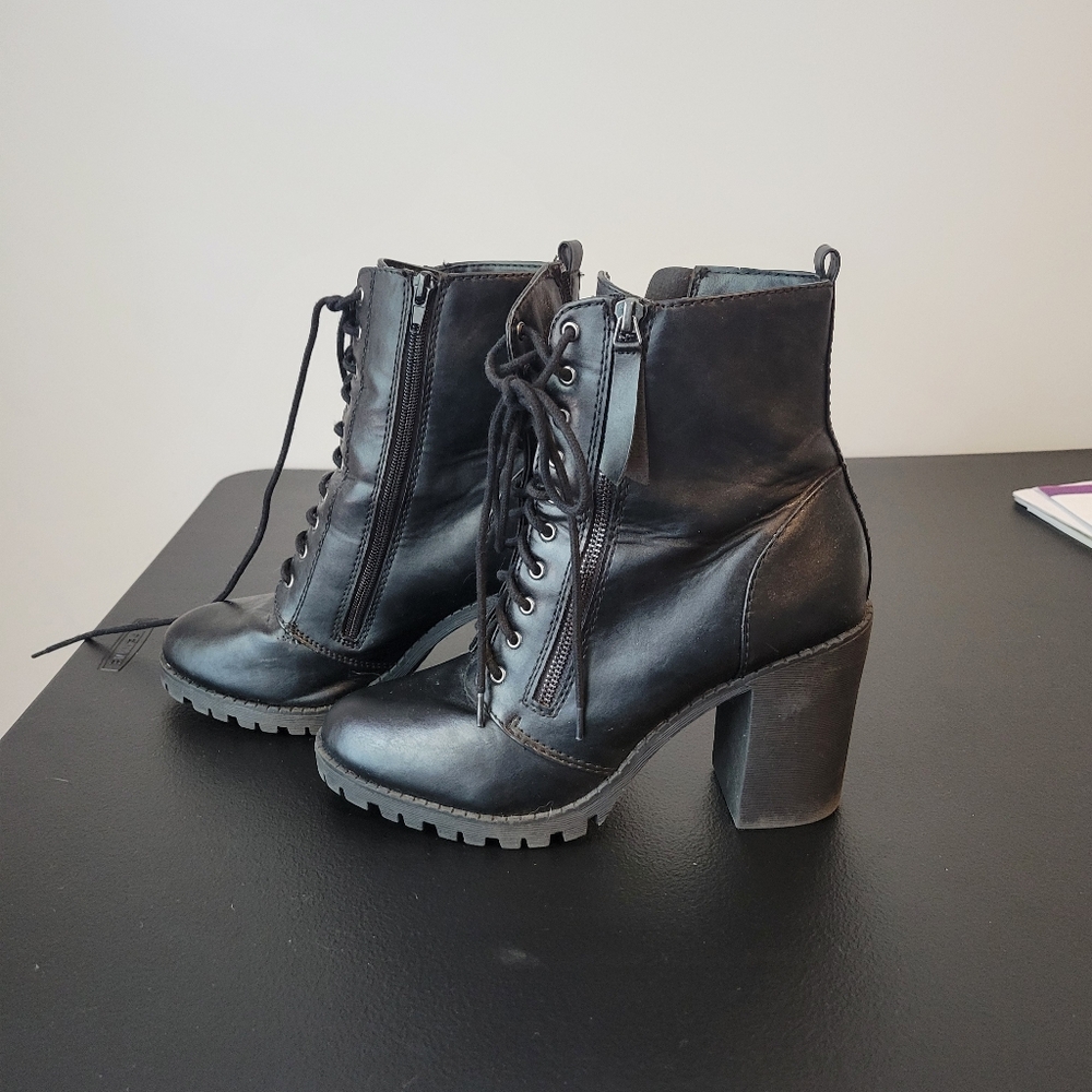 Chunky Heel Moto Lace-Up Ankle Boots
